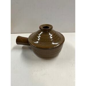 Vintage brown speckled ceramic stoneware onion soup bowl/crock with vintage lid